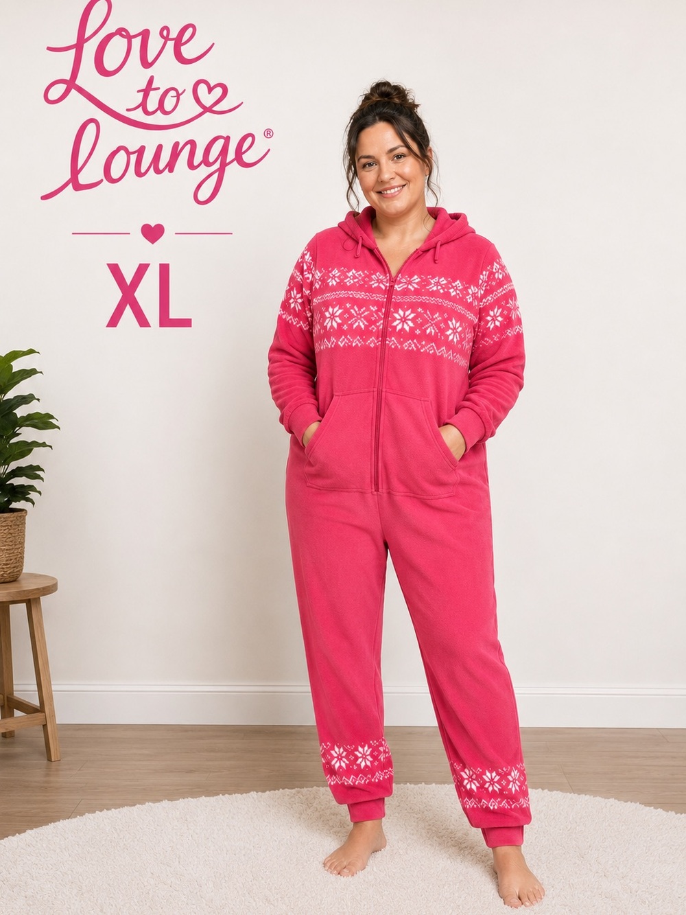 Love To Lounge XL Pink Fair Isle Hooded Fleece Pajama Jumpsuit
